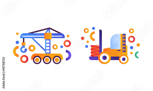 Heavy Industrial Machinery Set, Industrial Hoisting Crane and Forklift Truck, Flat Vector Illustration