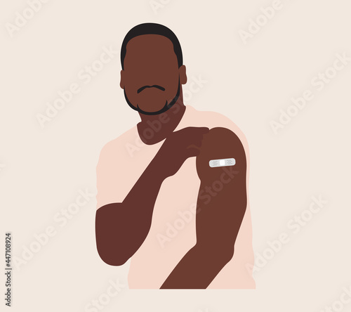 People Showing Vaccinated Arm. Vaccine distribution for general population concept illustration.  Process of immunization against covid-19.  Healthcare, coronavirus, prevention and immunize.
