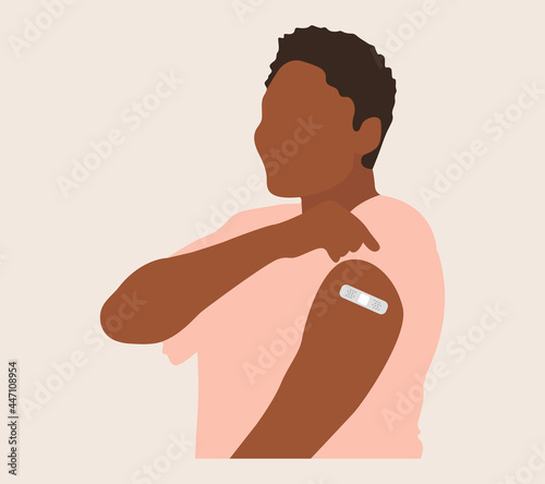 People Showing Vaccinated Arm. Vaccine distribution for general population concept illustration.  Process of immunization against covid-19.  Healthcare, coronavirus, prevention and immunize.