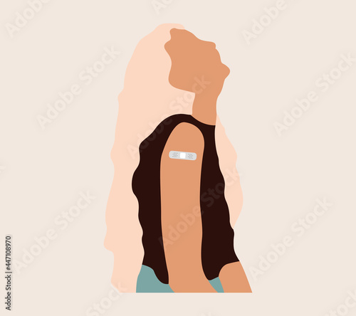 People Showing Vaccinated Arm. Vaccine distribution for general population concept illustration.  Process of immunization against covid-19.  Healthcare, coronavirus, prevention and immunize.