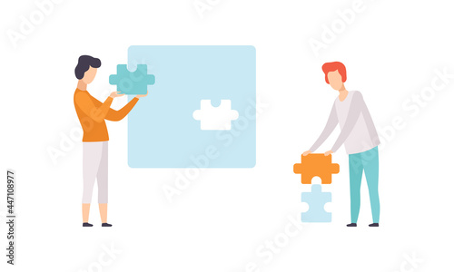 Fototapeta Naklejka Na Ścianę i Meble -  People Connecting Puzzle Pieces, Man Putting Last Puzzle in Jigsaw Flat Vector Illustration