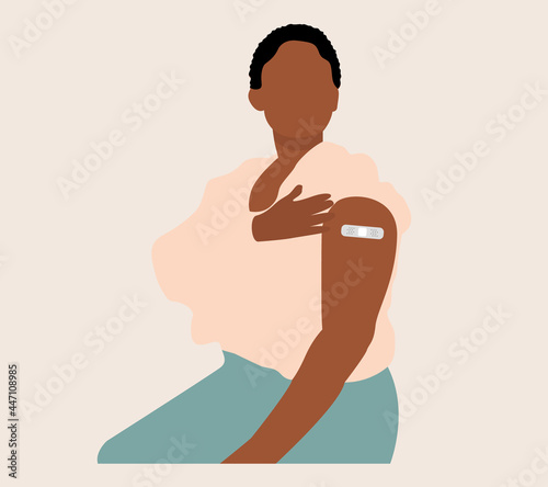 People Showing Vaccinated Arm. Vaccine distribution for general population concept illustration.  Process of immunization against covid-19.  Healthcare, coronavirus, prevention and immunize.