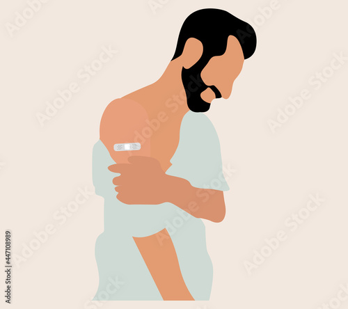 People Showing Vaccinated Arm. Vaccine distribution for general population concept illustration.  Process of immunization against covid-19.  Healthcare, coronavirus, prevention and immunize.