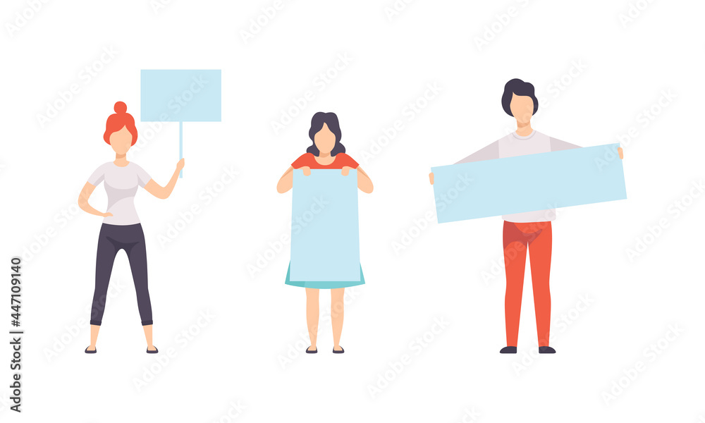 People Holding Empty Blank Banners, Man and Woman Standing with Blank Signboards Flat Vector Illustration People Holding Empty Blank Banners, Man and Woman Standing with Blank Signboards Flat Vector Illustration