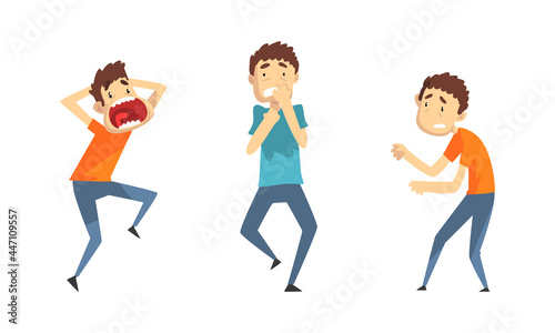 Emotional Frightened Men Set, Scared and Panicked Boy, Panic Attack, Anxiety Phobia, Crisis Concept Cartoon Vector Illustration