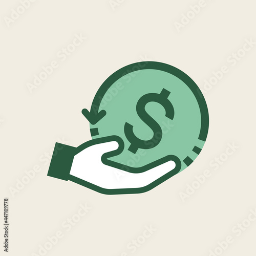 Hand holding returning arrow shaped dollar coin. Conceptual illustration of payback, cashback, repay, refund, return on investment. Vector illustration outline flat design style. photo