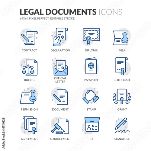 Simple Set of Legal Documents Related Vector Line Icons.  Contains such Icons as Declaration, Permission, Grant and more. Editable Stroke. 64x64 Pixel Perfect.