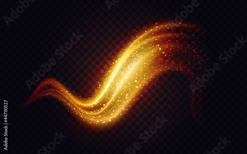 Golden wave with sparkle bokeh, abstract light effect vector illustration. Luxury shine of gold curve motion lines and shining confetti particles, bright swirl glitter on transparent black background