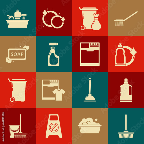 Set Mop, Plastic bottles for liquid dishwashing liquid, Trash can, Cleaning spray with detergent, Bar of soap foam, and Washer icon. Vector