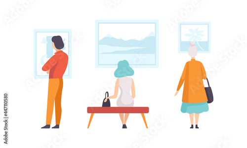 Art Gallery with Visitors, Back View of People Looking Paintings Hanging on Wall Flat Vector Illustration
