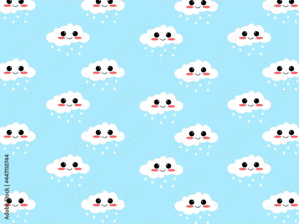 Fototapeta premium Cute cartoon face cloud seamless pattern blue background, vector illustration