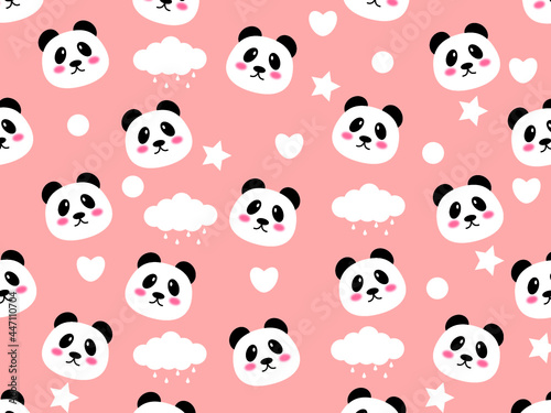 Panda Seamless Pattern Background  Happy cute the sky between clouds and star  Cartoon Panda Bears Vector illustration 