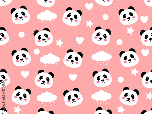 Panda Seamless Pattern Background, Happy cute the sky between clouds and star, Cartoon Panda Bears Vector illustration 