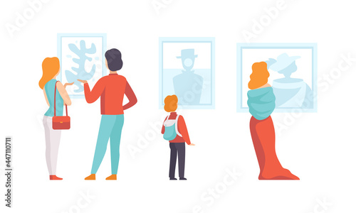 Art Gallery, Visitors Looking Paintings Hanging on Wall Flat Vector Illustration