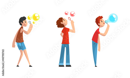 Boys Blowing Colorful Soap Bubbles Through Wand Set Cartoon Vector Illustration