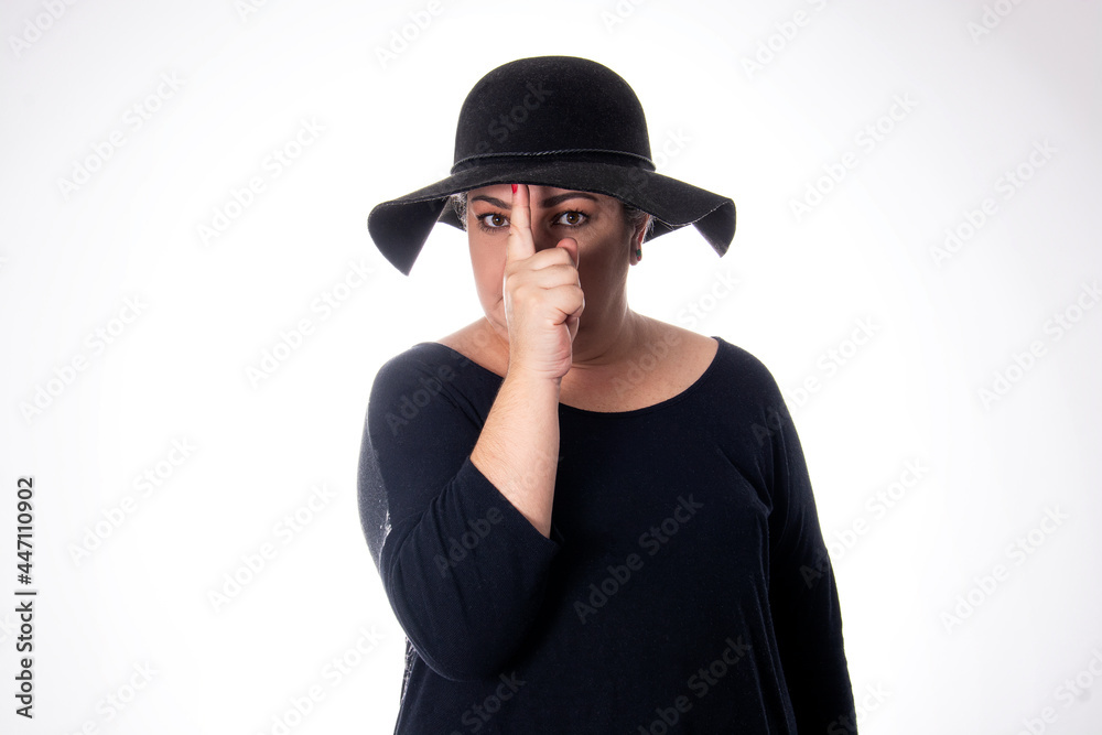 diversity of people young lady wearing hat wearing black on white background