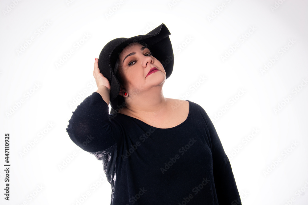 diversity of people young lady wearing hat wearing black on white background diversity of people young lady wearing hat wearing black on white background