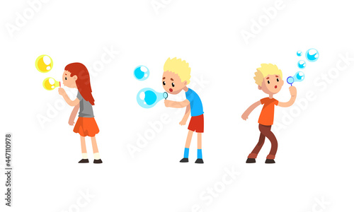 Cute Kids Blowing Soap Bubbles Through Wand Set Cartoon Vector Illustration