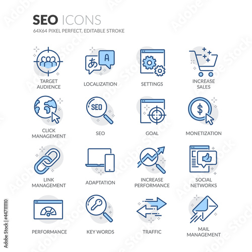 Simple Set of SEO Related Vector Line Icons.  Contains such Icons as Localization, Traffic, Performance Tracking and more. Editable Stroke. 64x64 Pixel Perfect.
