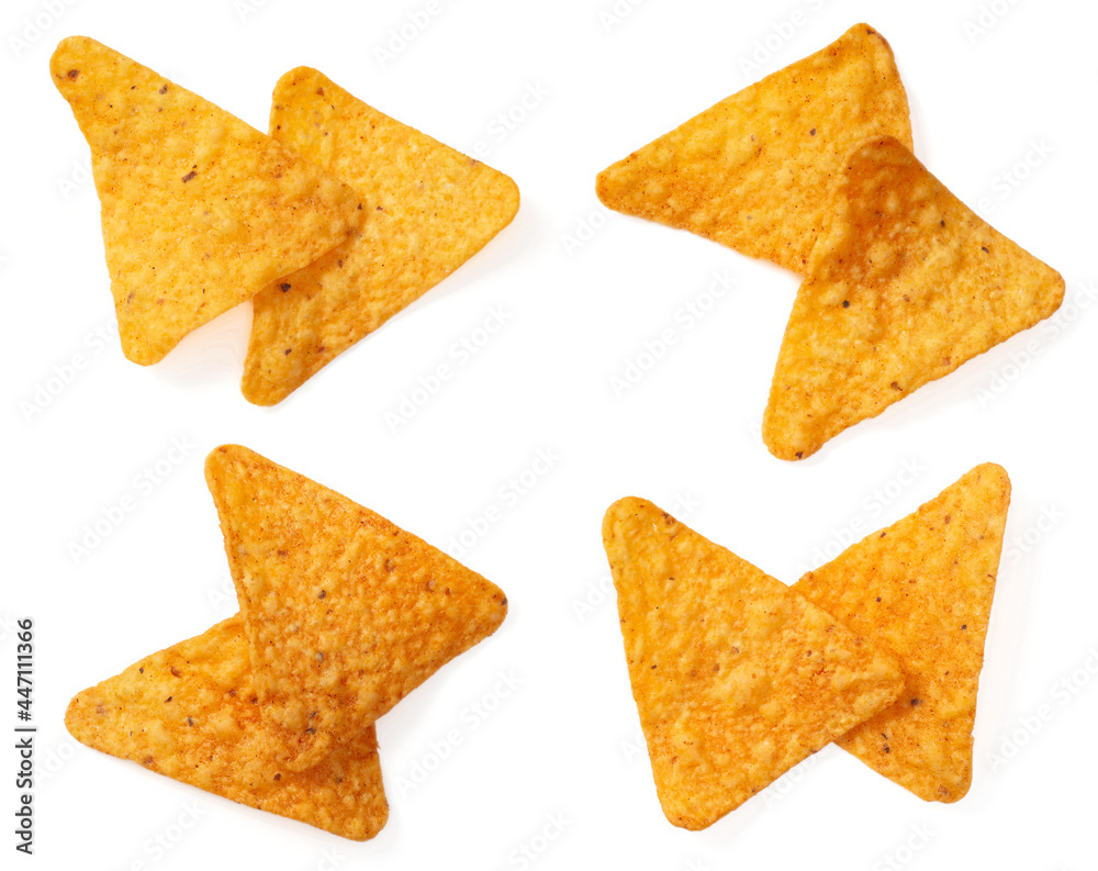 Flavoured corn chips isolated on white background, top view Flavoured corn chips isolated on white background, top view