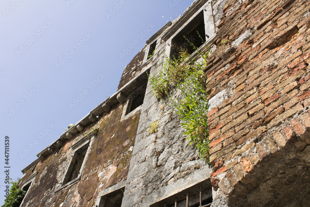 Close-up on the destroyed old building. Perast. Montenegro.