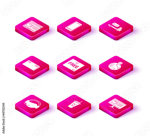 Set Support operator in touch, Coffee cup, Envelope, Cardboard box with free symbol, Computer monitor app delivery tracking, Worldwide, Post truck and Mobile phone icon. Vector
