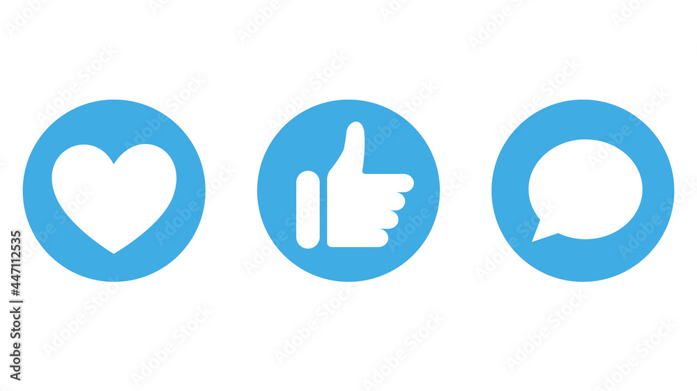 Thumbs up, heart and comment icons. Buton for social media.Vector illustrations Thumbs up, heart and comment icons. Buton for social media.Vector illustrations