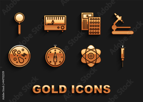 Set Compass, Microscope, Syringe, Atom, Bacteria, Pills blister pack, Magnifying glass and Electrical measuring instruments icon. Vector