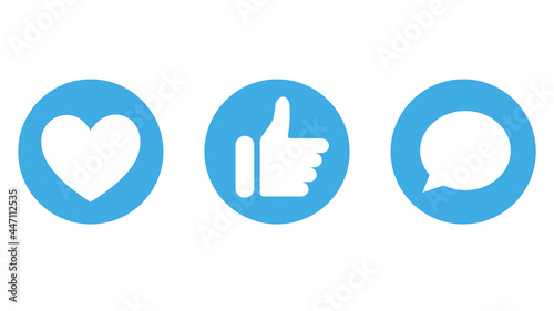 Thumbs up, heart and comment icons. Buton for social media.Vector illustrations