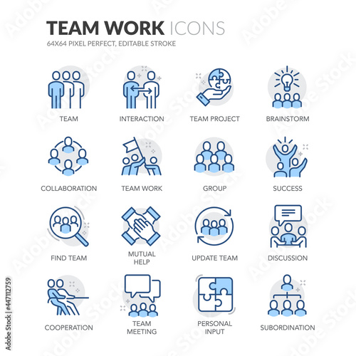 Simple Set of Team Work Related Vector Line Icons.  Contains such Icons as Cooperation, Collaboration, Team Meeting and more. Editable Stroke. 64x64 Pixel Perfect.