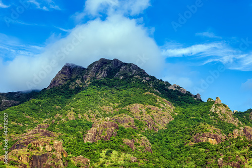 Nature Mountain with blue sky clouds background view.