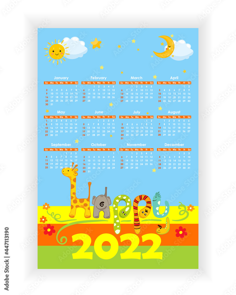 Wall Calendar 2022. Colorful, baby birthday, holiday vertical photo