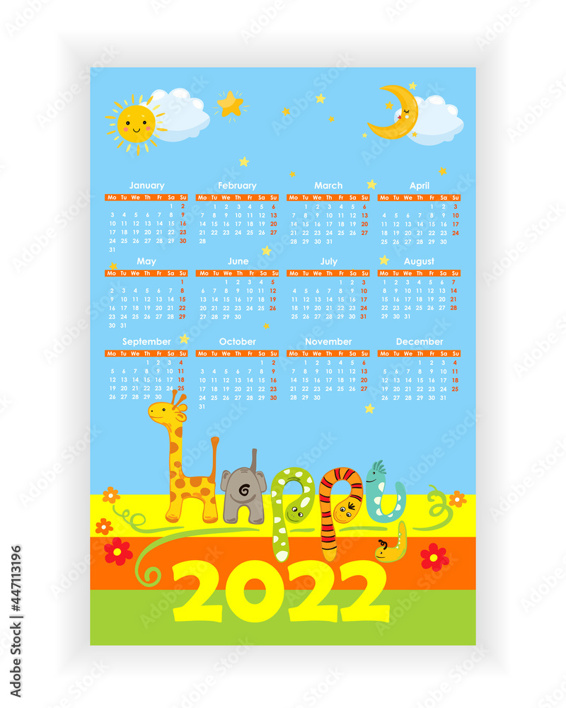 Wall Calendar 2022. Colorful, baby birthday, holiday vertical photo