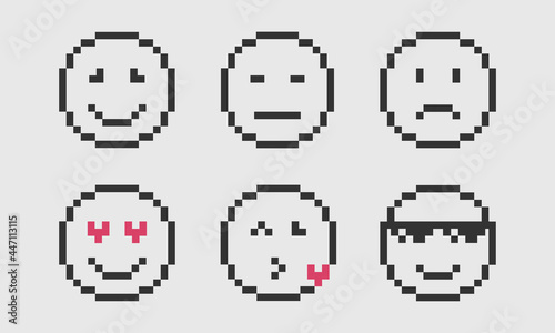 Pixel smile emoji face icon. Pixel Emotion smile face set. Emoji face smile, pixel style. Vector illustration.