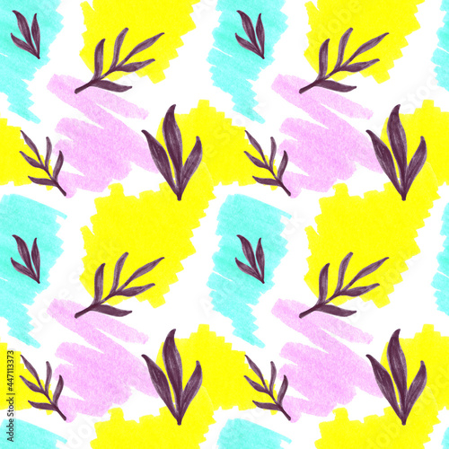 Seamless pattern with a background of multicolored abstract lines, spots, leaves, branches in the style of doodle, illustration with markers on a white background.