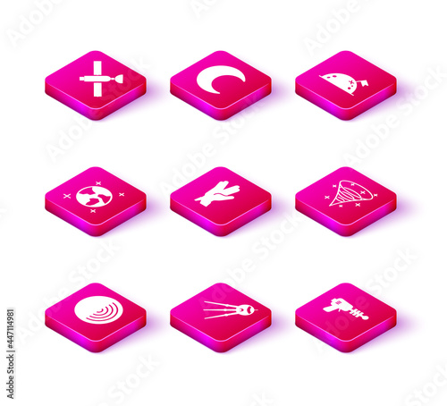 Set Earth structure, Satellite, globe, Vulcan salute, Ray gun, Black hole, Planet with flag and Moon and stars icon. Vector