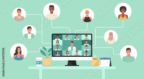 telemedicine, online medical consultation and support services concept, group of doctors connecting with patients via computer, vector flat illustration
