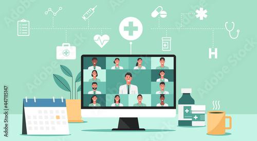 telemedicine, online medical consultation and support services concept, virtual healthcare with doctors connecting together via computer with icon, video conference, vector flat illustration