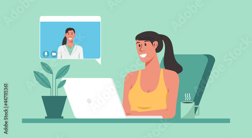 telemedicine, online healthcare and medical consultation support services concept, woman using laptop connecting to doctor online from home, vector flat illustration