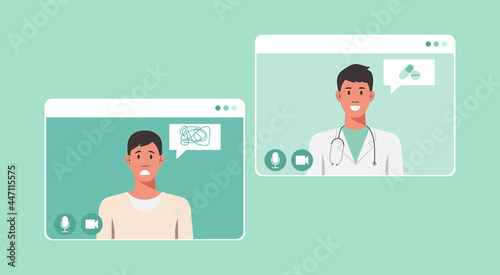 Online doctor and telemedicine concept man connecting with a doctor and having medical consultation and support service, vector flat illustration