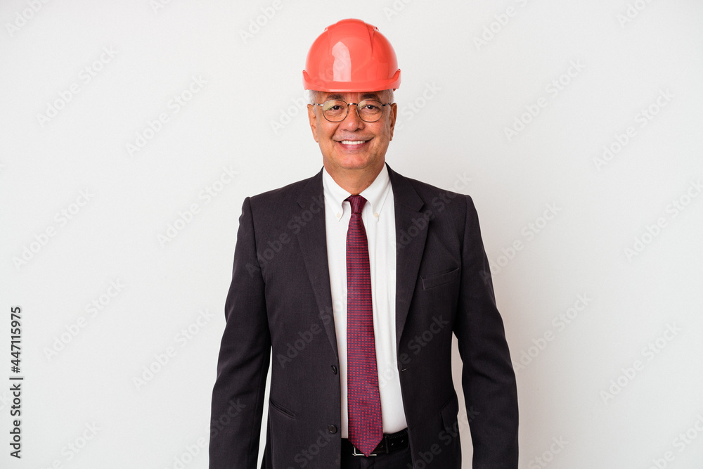 Senior american arquitech man isolated on white background happy, smiling and cheerful. Senior american arquitech man isolated on white background happy, smiling and cheerful.