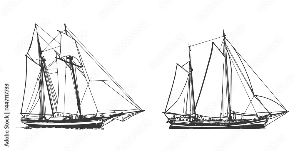 Sailing ship, graphic hand drawing. Sea or river transport, an isolated object. Vector illustration