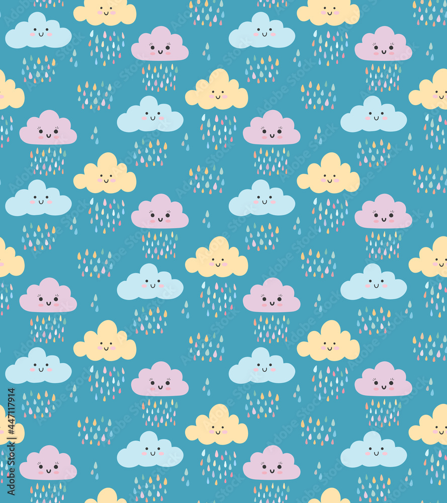 Cute childish seamless pattern with kawaii baby smiling clouds, colorful watercolor rain drops on blue backdrop. Sweet vector background for baby nursery, children textile, fabric. Adorable kid print.