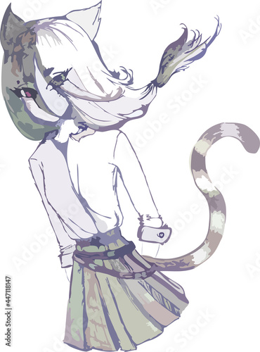 Vector illustration in anime style. Cartoon sketch girl cat. Anime character in skirt with cat ears amd tail