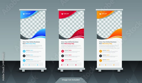 Business Roll Up Set. Standee Design. Banner Template, Abstract Blue Geometric Triangle Background vector, flyer, presentation, leaflet, j-flag, x-stand, x-banner, exhibition display 