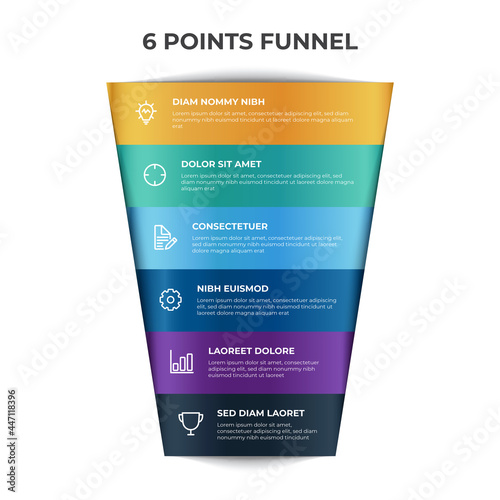 funnel chart infographic element vector with 6 points, options, list, can be used for digital marketing, sales, process flow