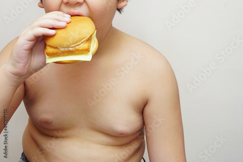 The fat boy is happily for eating hamburger with a white background.