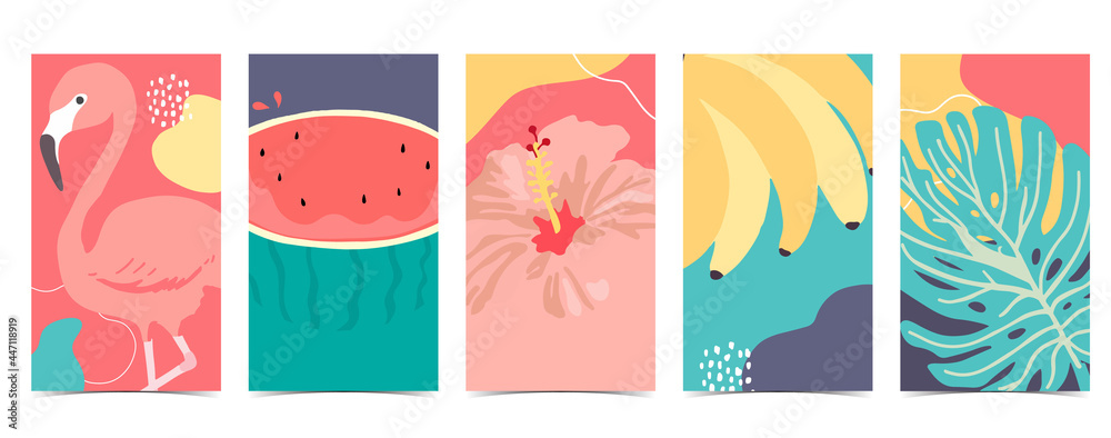 summer background for social media.Set of instagram story with flamingo,watermelon,banana