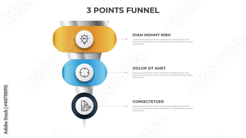 funnel infographic with 3 points, diagram, chart, layout template, can be used for digital marketing, sales, process