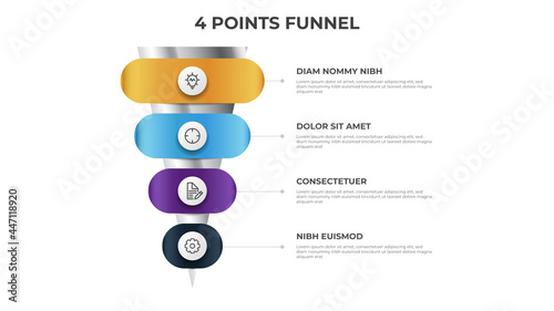funnel infographic with 4 points, diagram, chart, layout template, can be used for digital marketing, sales, process